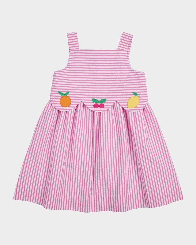 Girl's Fruit Embroidered Cotton Seersucker Dress, Size 2-6
